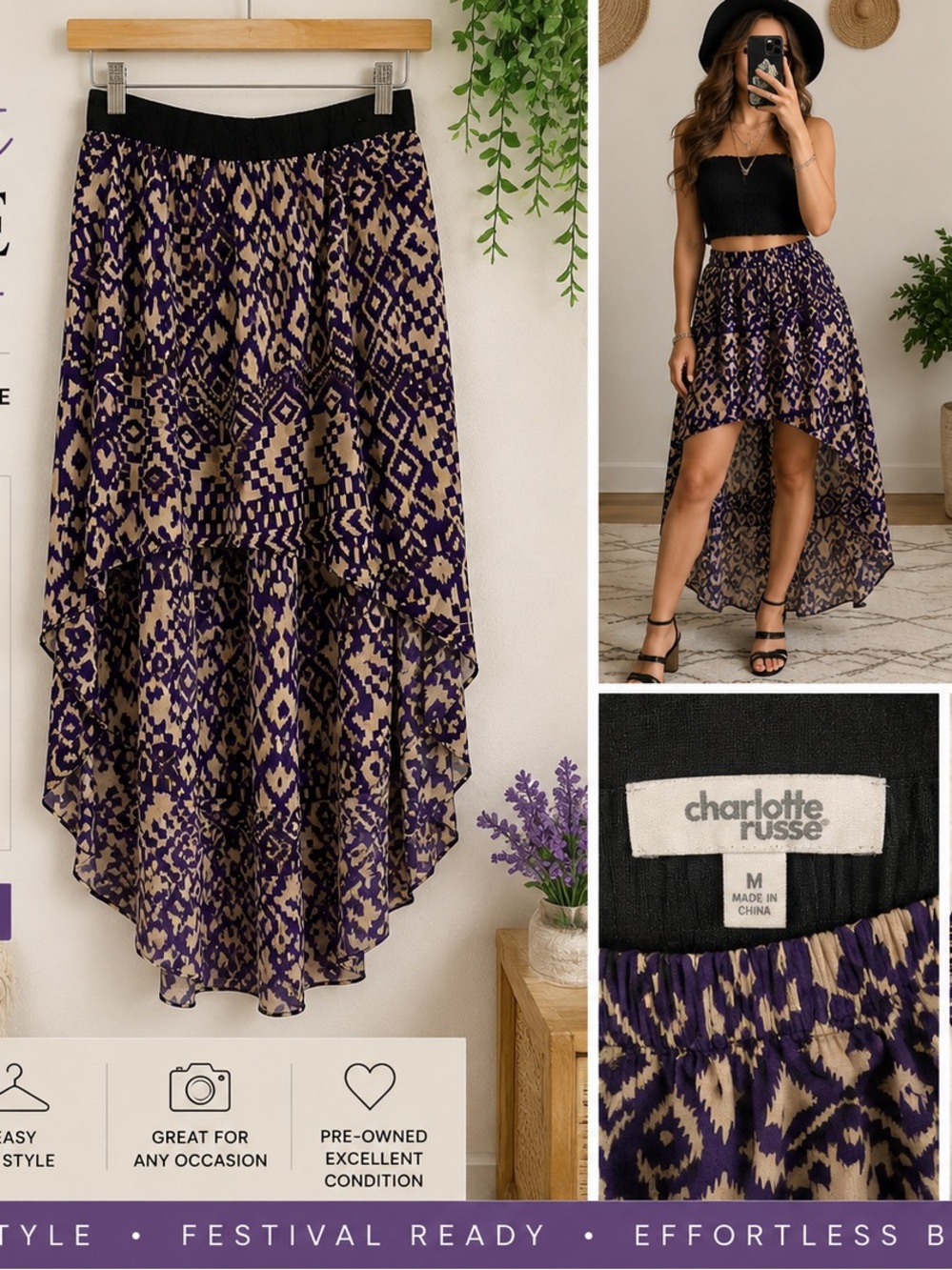 MEDIUM/(Charlotte Russe)/Purple & Tan/High-Low/Printed Maxi-Skirt